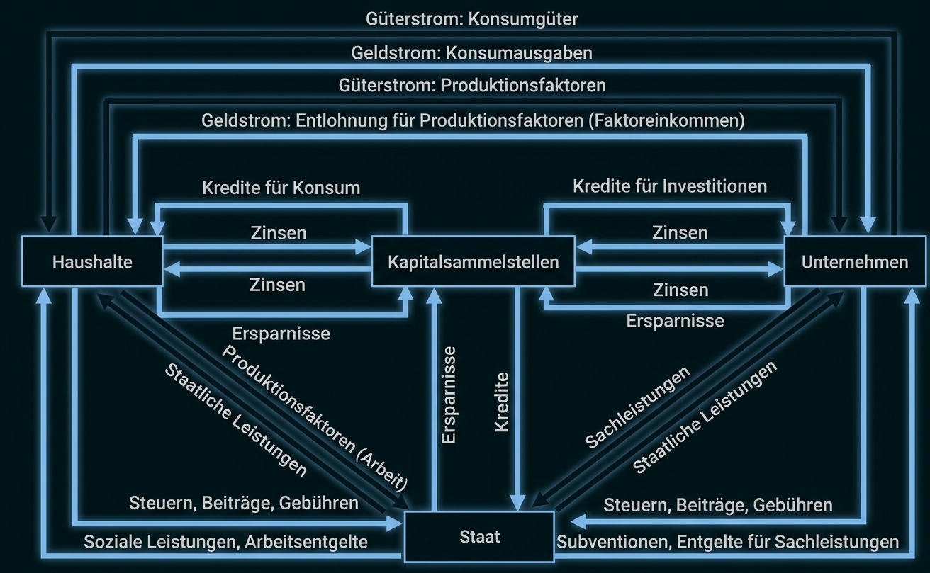 Wirtschaftskreislauf: Haushalte, Unternehmen, Staat und Kapitalsammelstellen mit Geld- und Güterströmen.